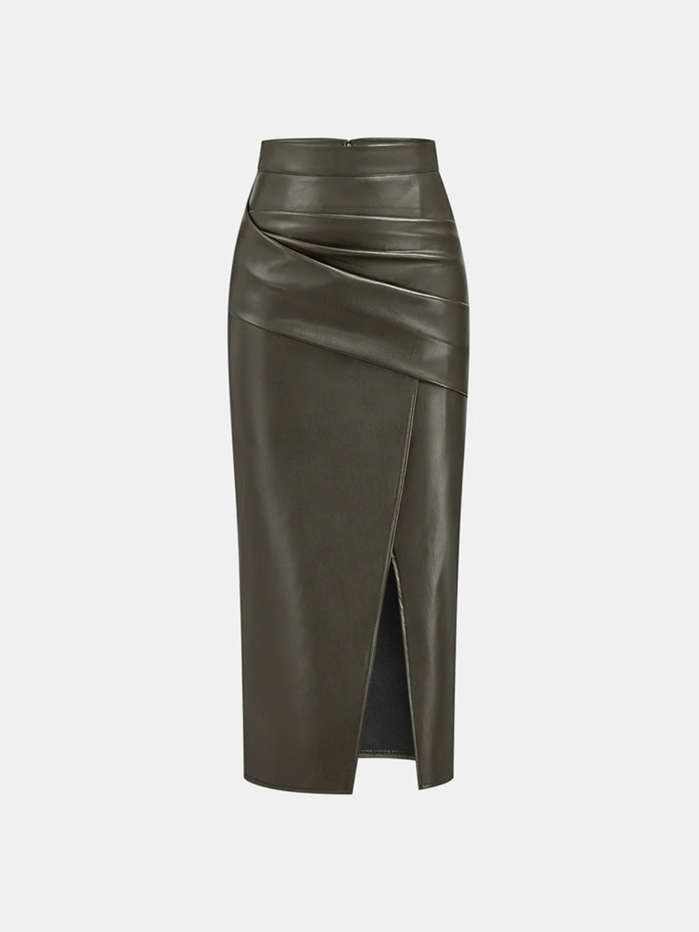 NWT Commense Army Green Ruched Slit PU Leather Midi Skirt Small